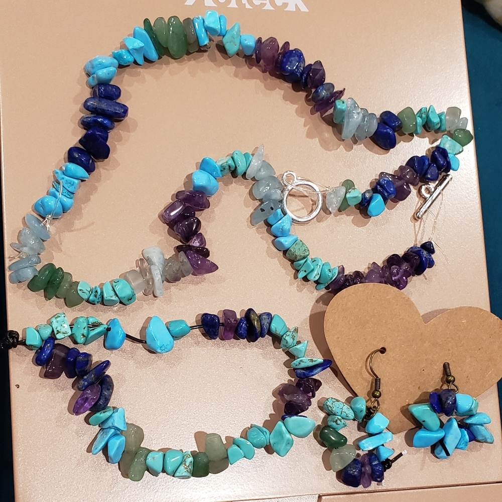 3 tone teal blue bracelet ,necklace and earrings